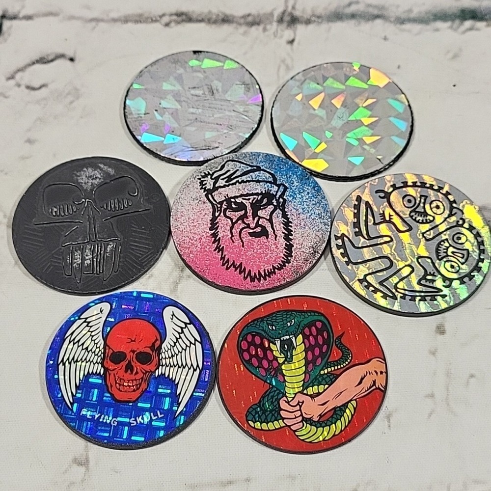 90s Pogs Lot Of 7 Plastic Etched Holograms Flying Skull Snake Scary Santa Pog